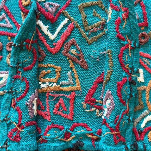 Vintage Knit Vest L Rafia Teal Geometric Beaded Fringe Boho 80s 90s Rare - Picture 5 of 7